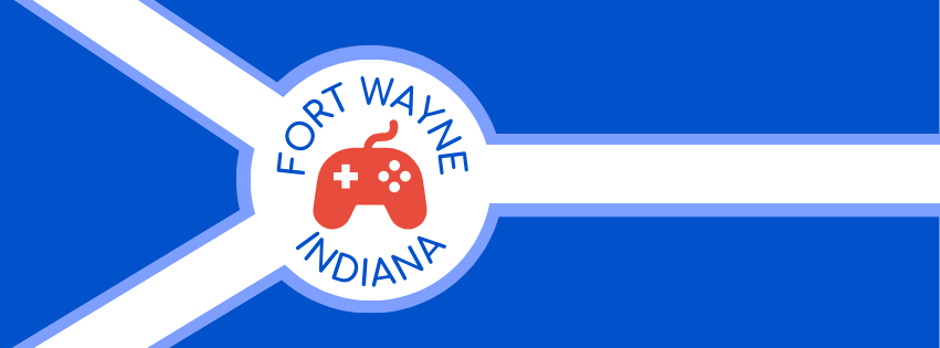 Fort Wayne flag (the confluence of the 3 rivers symbolized by white stripes converging in the center). The Fort from the ofiginal flag is replaced by a video game controller with Fort Wayne Indiana text surrounding it. Other elements of the flag are replaced by 'ctrl, esc, tab' icons